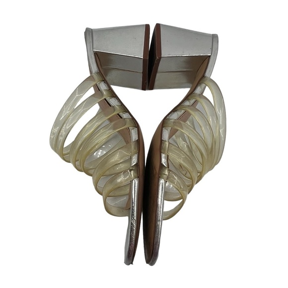 Zara Trafaluc Silver Jelly Strap Block Heel Square Toe Sandals Size 38 Women's - Picture 6 of 10